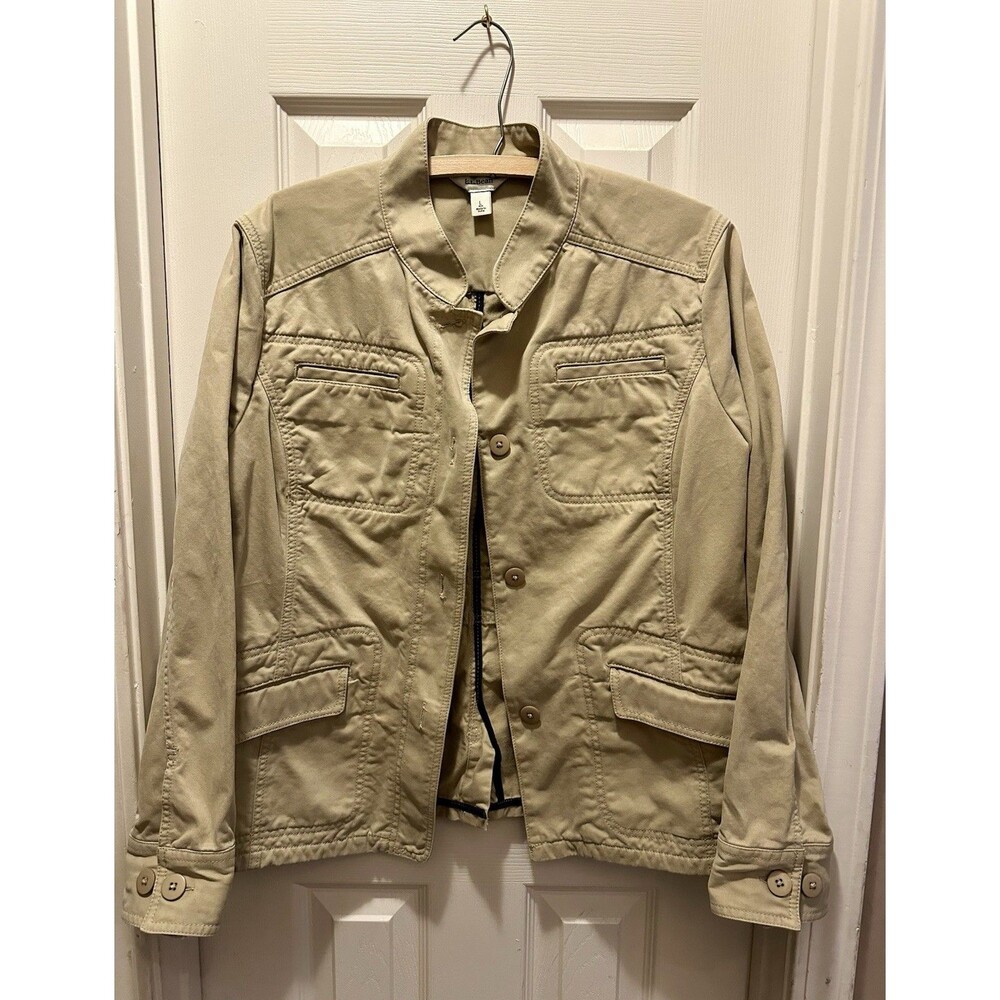 L.L.‎ Bean Utility Jacket Coat Khaki Tan Women’s Sz Large Pima Cotton Button Up